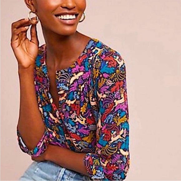 Anthropologie 25 of 52 Conversations Oh Deer Woodland Animal Print Blouse. Sz 0 - Picture 14 of 14